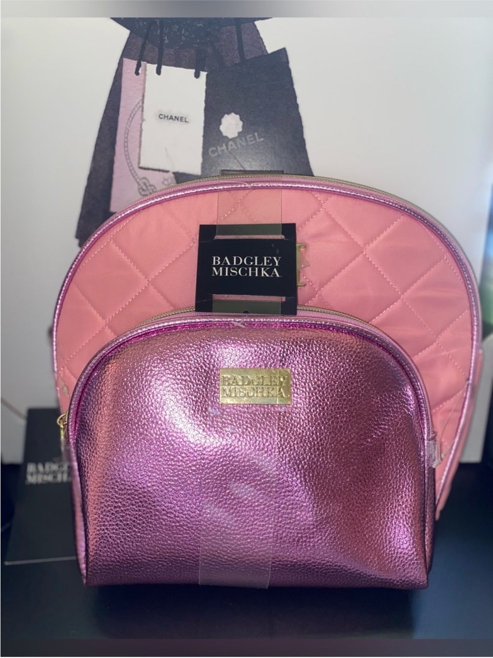 Badgley Mischka Pink Quilted and Metallic Rose Cosmetic Pouch Duo